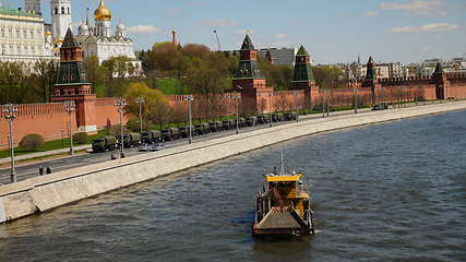 Image showing MOSCOW - MAY 7: water surface cleaning boat at Moscow river. on May 7, 2017 in Moscow, Russia.