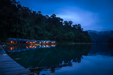 Image showing Floating village at night, Cheow Lan Lake, Khao Sok, Thailand