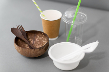 Image showing close up of eco friendly and plastic tableware