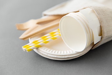 Image showing wooden forks, knives, paper straws and cups