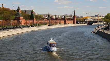Image showing MOSCOW - MAY 7: Kremlin embankment. Navigation on the Moscow river, on May 7, 2017 in Moscow, Russia.
