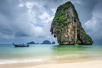 Image showing Long tail boat on Phra Nang Beach, Krabi, Thailand