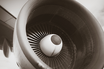 Image showing Airplane engine detail. Black and white picture