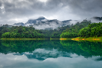 Image showing Misty morning on Cheow Lan Lake, Khao Sok National Park, Thailan