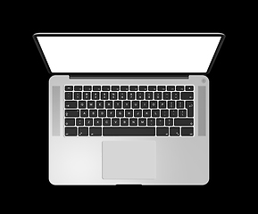 Image showing Open laptop top view with blank screen, isolated on black. 3D re