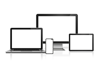 Image showing Computers and phone set mockup isolated on white. 3D render 
