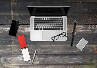 Image showing Wooden office desk mockup top view