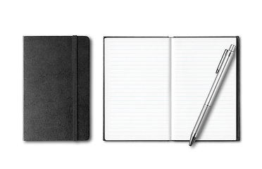 Image showing Black closed and open notebooks with pen isolated on white