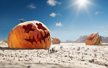 Image showing Big pumpkin in desert at sunny day, sales and halloween concept