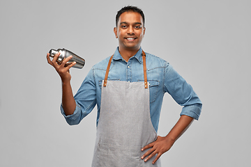 Image showing indian barman in apron with cocktail shaker