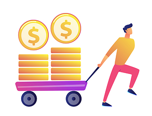 Image showing Happy businessman pulling cart with golden coins vector illustration.