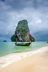 Image showing Long tail boat on Phra Nang Beach, Krabi, Thailand