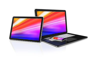 Image showing Laptop, tablet and phone set mockup isolated on white. 3D render