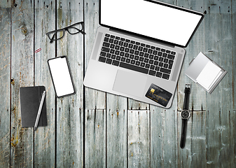 Image showing Wooden office desk mockup top view