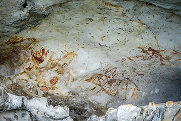 Image showing Prehistoric paintings in a cave, Phang Nga Bay, Thailand