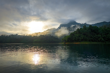 Image showing Sunrise on Cheow Lan Lake, Khao Sok National Park, Thailand