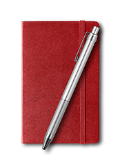 Image showing Dark red closed notebook and pen isolated on white