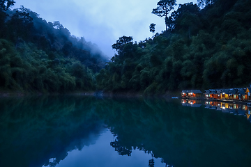 Image showing Floating village at night, Cheow Lan Lake, Khao Sok, Thailand