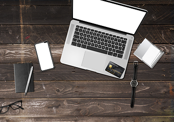 Image showing Wooden office desk mockup top view