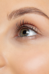 Image showing Close up shot of young woman on yellow background