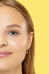 Image showing Caucasian young woman\'s close up shot on yellow background