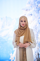 Image showing Girl wearing hijab posing on winter concept background