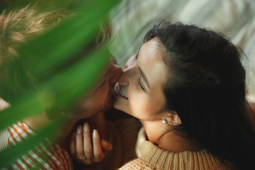 Image showing Couple of lovers at home relaxing together, comfortable