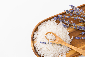 Image showing sea salt heap, lavender and spoon on wooden tray