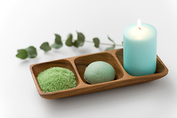 Image showing bath salt, konjac sponge, candle and eucalyptus