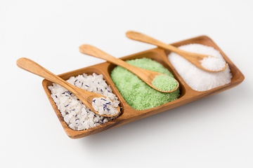 Image showing sea salt and spoons on wooden tray