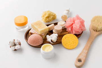 Image showing crafted soap, sponges, brush and natural cosmetics