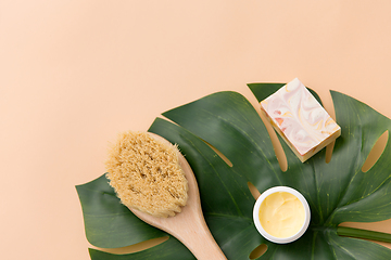 Image showing natural soap, brush, body butter and monstera