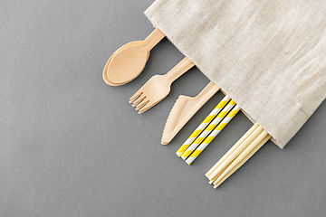 Image showing wooden spoon, fork, knife, straws and chopsticks