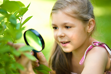 Image showing Girl is looking at tree leaves through magnifier