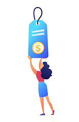 Image showing Woman holding a big price tag vector illustration.