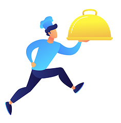 Image showing Male chef holding dish and running vector illustration.