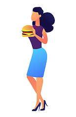 Image showing Young businesswoman eating hamburger vector illustration.