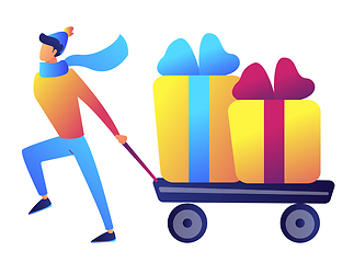 Image showing Businessman pulling a trolley or cart with christmas presents vector illustration.
