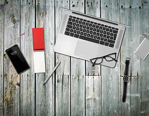 Image showing Wooden office desk mockup top view