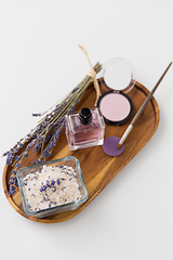 Image showing sea salt, perfume and lavender on wooden tray