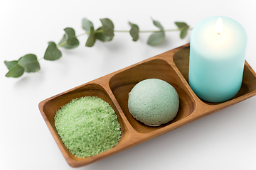 Image showing bath salt, konjac sponge, candle and eucalyptus