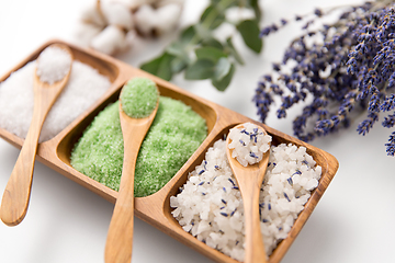 Image showing sea salt with wooden spoons and herbs