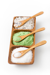 Image showing sea salt and spoons on wooden tray