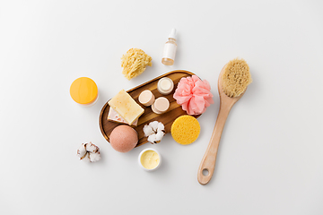 Image showing crafted soap, sponges, brush and natural cosmetics
