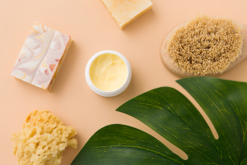 Image showing natural soap, brush, sponge and body butter