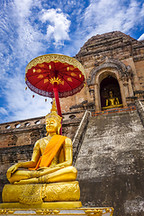 Image showing Gold Buddha, Wat Chedi Luang temple big Stupa, Chiang Mai, Thail