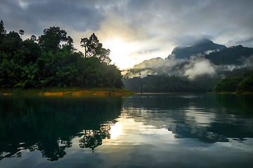 Image showing Sunrise on Cheow Lan Lake, Khao Sok National Park, Thailand