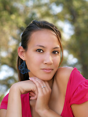 Image showing Portrait of young asian american woman with hands