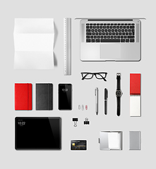 Image showing Office desk branding mockup top view isolated on grey