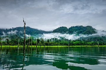 Image showing Misty morning on Cheow Lan Lake, Khao Sok National Park, Thailan